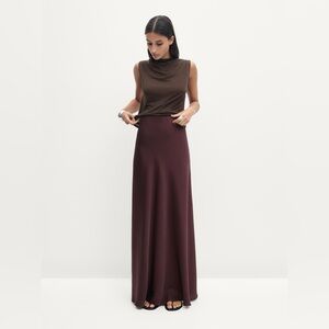 Massimo Dutti Aubergine Silk Blend Satin Effect Pull-On Long Skirt. L NWT